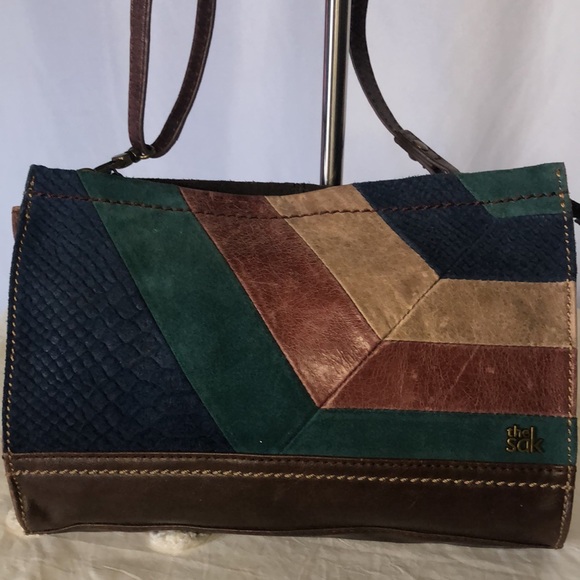 THE SAK brown, green,and blue leather and suede shoulder bag. Detachable straps. - Picture 4 of 12